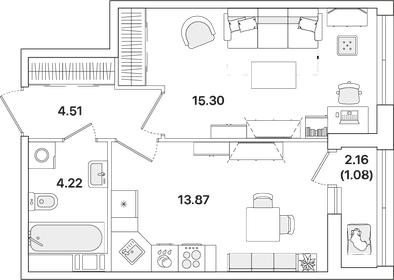 Квартира 39 м², 1-комнатная - изображение 1