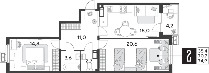 Квартира 74,9 м², 2-комнатная - изображение 2