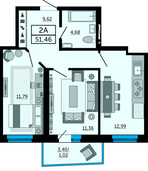 51,5 м², 2-комнатная квартира 7 770 460 ₽ - изображение 1