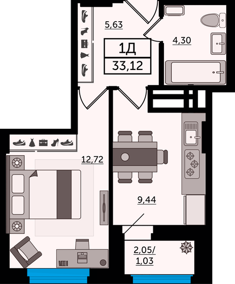 33,1 м², 1-комнатная квартира 4 802 400 ₽ - изображение 1