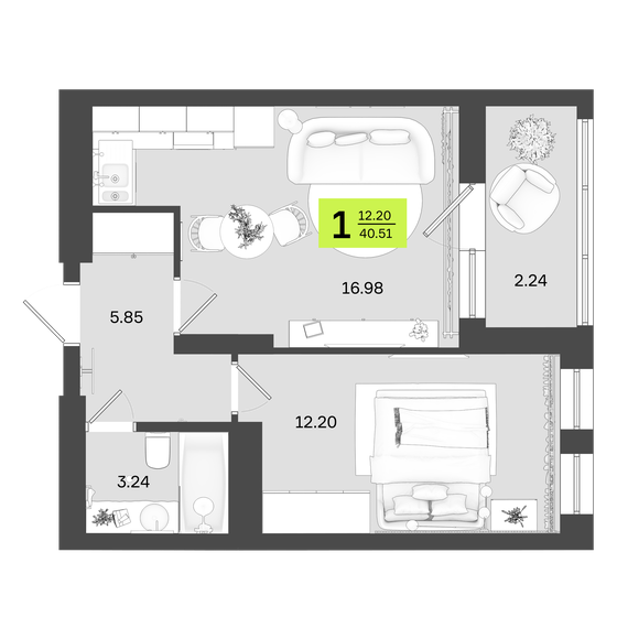 40,5 м², 1-комнатная квартира 6 684 150 ₽ - изображение 1