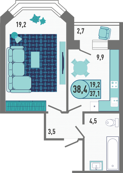 38,4 м², 1-комнатная квартира 4 446 720 ₽ - изображение 1