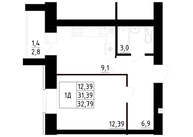 Квартира 32,8 м², 1-комнатная - изображение 1