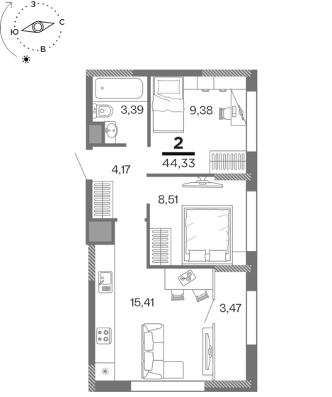 44,3 м², 2-комнатная квартира 5 302 660 ₽ - изображение 19