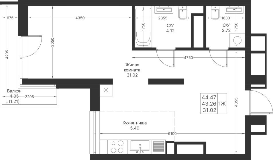 43,3 м², 1-комнатная квартира 10 815 672 ₽ - изображение 64