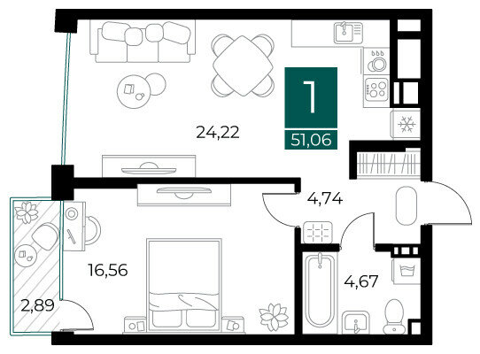 51,1 м², 1-комнатная квартира 8 424 900 ₽ - изображение 1