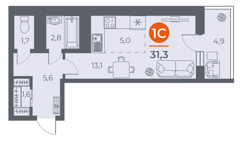 31,7 м², 1-комнатная квартира 4 755 000 ₽ - изображение 31