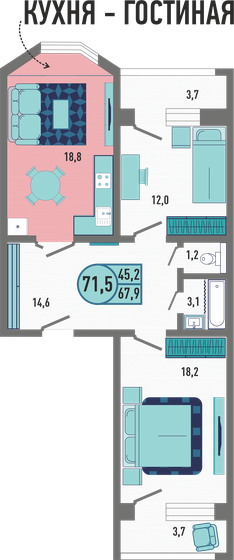 71,5 м², 2-комнатная квартира 7 014 150 ₽ - изображение 1