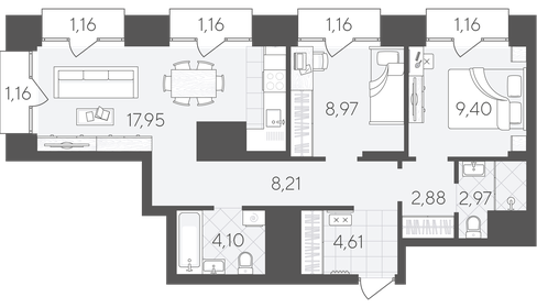 Квартира 64,9 м², 3-комнатная - изображение 1