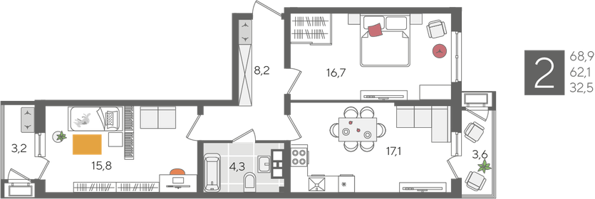 Квартира 68,9 м², 2-комнатная - изображение 2