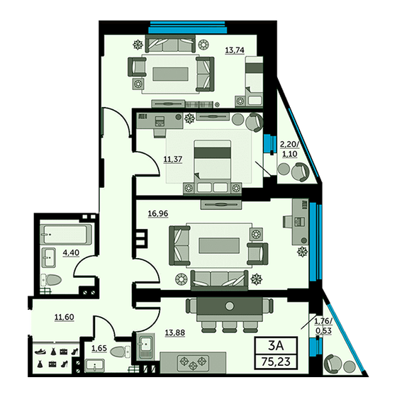 74,9 м², 3-комнатная квартира 13 257 300 ₽ - изображение 1