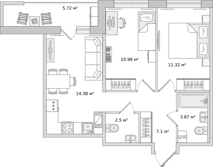 55,9 м², 2-комнатная квартира 9 760 945 ₽ - изображение 1