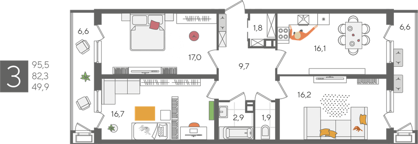 Квартира 95,5 м², 3-комнатная - изображение 2