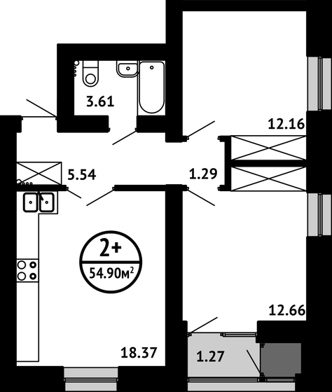 54,9 м², 2-комнатная квартира 7 411 500 ₽ - изображение 1