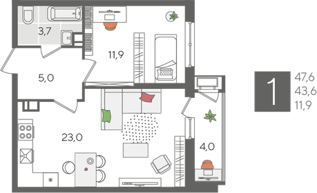 Квартира 47,6 м², 1-комнатная - изображение 2