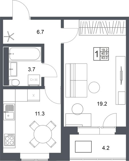 43 м², 1-комнатная квартира 4 153 800 ₽ - изображение 1