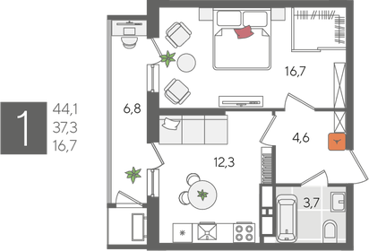 Квартира 44,1 м², 1-комнатная - изображение 2