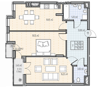 Квартира 77,9 м², 2-комнатная - изображение 1