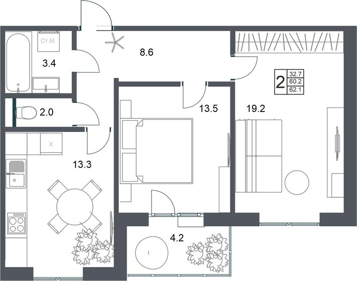 62,1 м², 2-комнатная квартира 6 241 050 ₽ - изображение 1