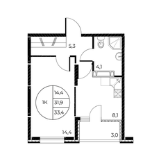 Квартира 33,4 м², 1-комнатная - изображение 2