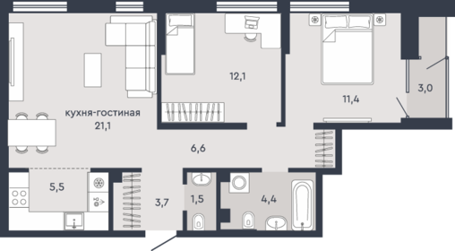 Квартира 67,8 м², 2-комнатная - изображение 2