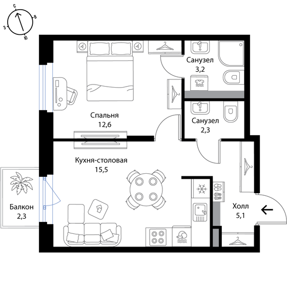 39,4 м², 2-комнатная квартира 6 835 900 ₽ - изображение 1