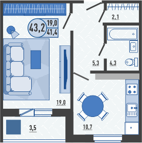 Квартира 43,5 м², 1-комнатная - изображение 1