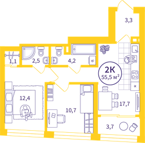 Квартира 53,6 м², 2-комнатная - изображение 1