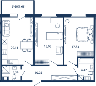 Квартира 75,9 м², 2-комнатные - изображение 1