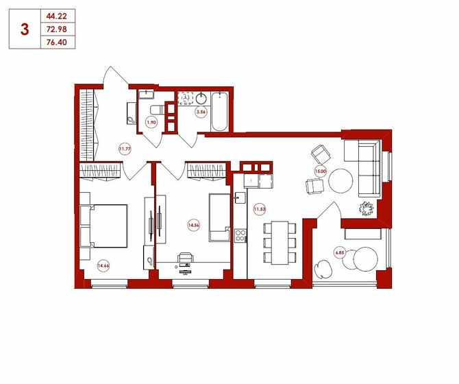 76,4 м², 3-комнатная квартира 7 258 000 ₽ - изображение 1
