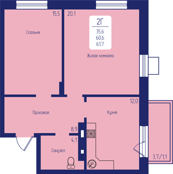 61,7 м², 2-комнатная квартира 8 915 650 ₽ - изображение 1