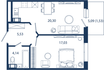 Квартира 48,5 м², 1-комнатные - изображение 1