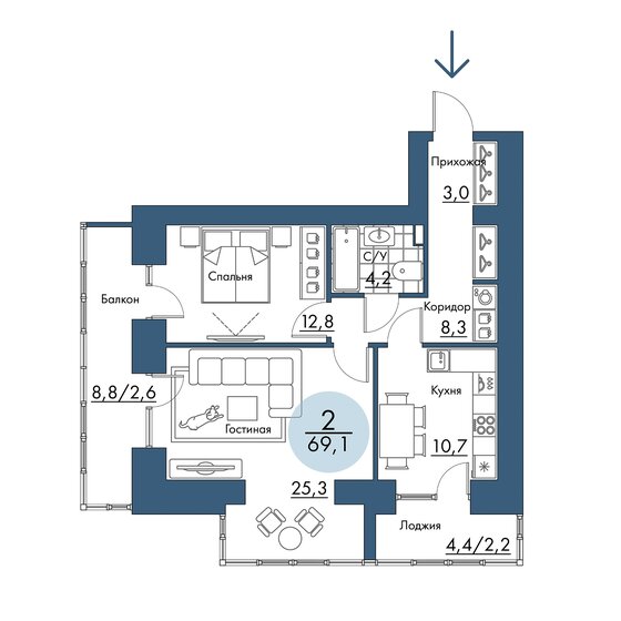 69,1 м², 2-комнатная квартира 11 608 800 ₽ - изображение 1