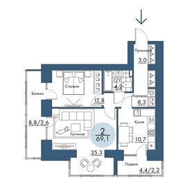 Квартира 69,1 м², 2-комнатная - изображение 1