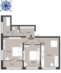 Квартира 63,2 м², 2-комнатная - изображение 1