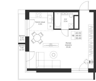 Квартира 42 м², студия - изображение 1