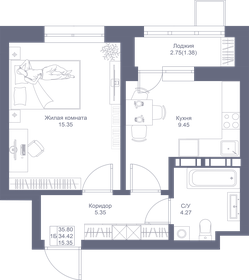 Квартира 35,8 м², 1-комнатная - изображение 1