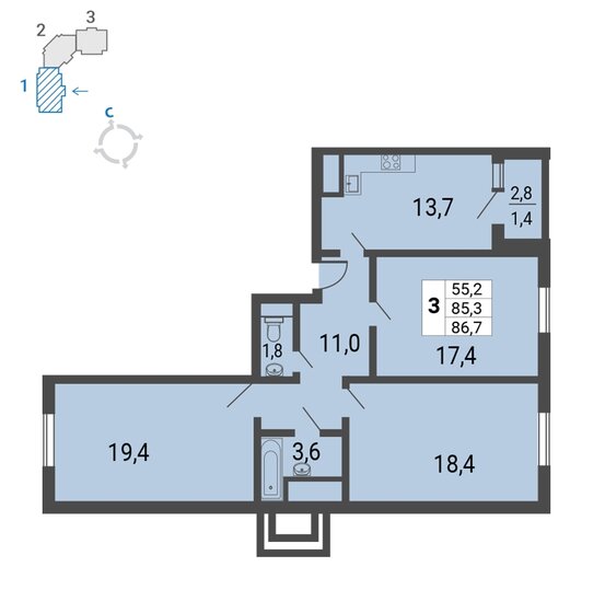 86,7 м², 3-комнатная квартира 17 503 720 ₽ - изображение 1