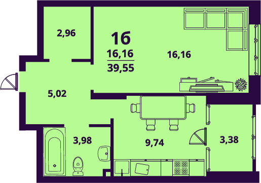 39,6 м², 1-комнатная квартира 3 559 500 ₽ - изображение 1