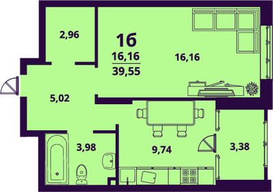 39,6 м², 1-комнатная квартира 3 559 500 ₽ - изображение 32