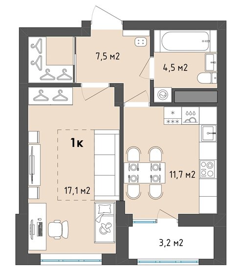 42,4 м², 1-комнатная квартира 5 299 576 ₽ - изображение 1