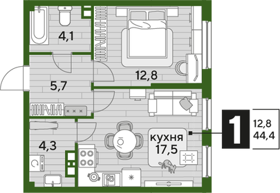 Квартира 44,4 м², 1-комнатная - изображение 2