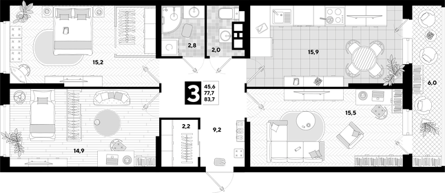 Квартира 83,7 м², 3-комнатная - изображение 2