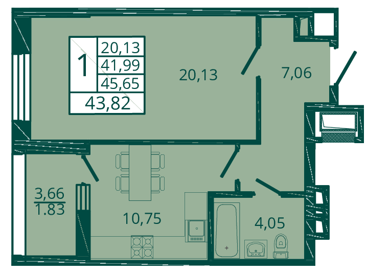 43,8 м², 1-комнатная квартира 6 967 380 ₽ - изображение 1