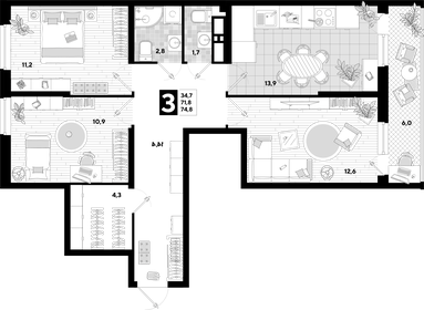 Квартира 74,8 м², 3-комнатная - изображение 2