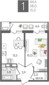 44,6 м², 1-комнатная квартира 8 398 180 ₽ - изображение 17