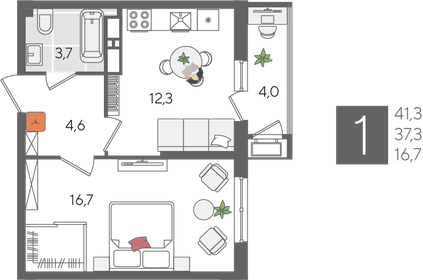 Квартира 41,3 м², 1-комнатная - изображение 2