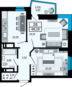 Квартира 48,5 м², 2-комнатная - изображение 1