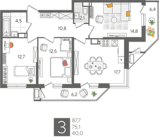 Квартира 87,7 м², 3-комнатная - изображение 2