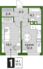 Квартира 37,5 м², 1-комнатная - изображение 2